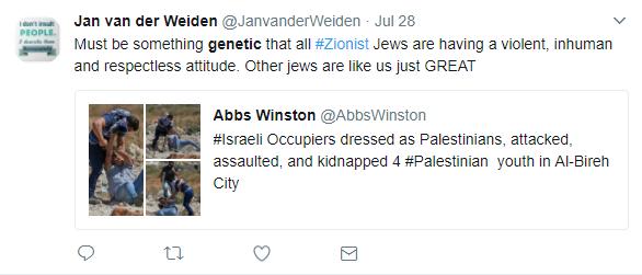 Zo schrijft de twitteraar op 28 juli 2017 dat alle zionistische Joden een genetisch defect hebben waardoor zij gewelddadig en inhumaan zijn. Van der Weiden spreekt zichzelf meermaals tegen.