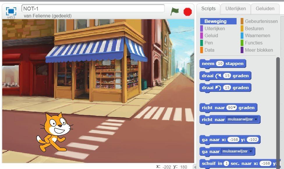 Opdracht. Klik nu dubbel (twee keer snel achter elkaar) op het blokje dat je naar het programmeervlak hebt gesleept. Wat zie je nu? De kat gaat vooruit!