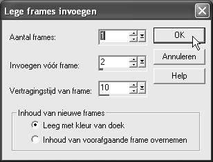 Bijlage Animation Shop 3 17 Het frame is geselecteerd: U ziet een venster waarmee u lege frames in kunt voegen. In zo n frame kunt u later eventueel een plaatje zetten.