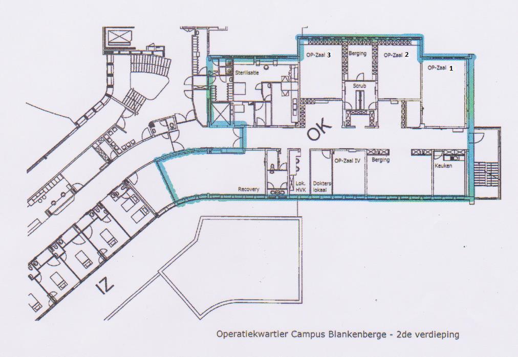 Campus Blankenberge Het OK te Blankenberge beschikt over 3 operatiezalen, een sterilisatieafdeling en een recovery. Hieronder is een schematische voorstelling van de operatieafdeling te zien.
