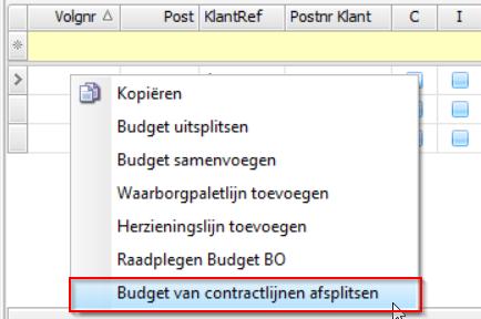 Wanneer je dit gedaan hebt, kan je vanaf nu via de rechtermuisknop de optie Budget van contractlijnen