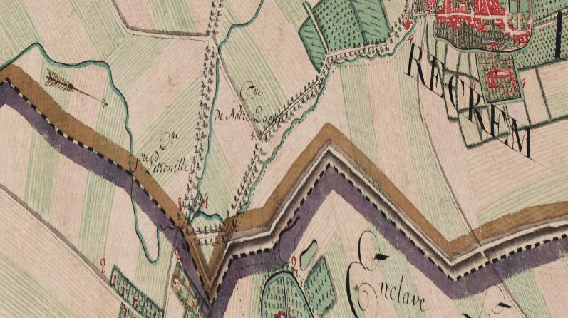 5: Detail uit de kabinetskaart van de Oostenrijkse Nederlanden met schematische aanduiding van het onderzoeksterrein (rood) (Bron: Geopunt).