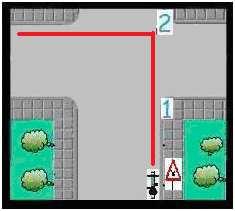 Kijkt aan punt 1 links en rechts (2 maal na elkaar). Als er weggebruikers naderen van rechts of tegenliggers die rechtdoor rijden dan wachten.