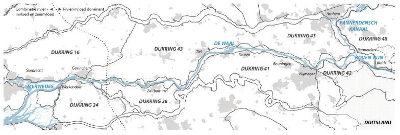 4 Schets van het gebied De Waal De Waal is de grootste en breedste rivier van Nederland (figuur 4.1). De Waal wordt gevoed door de Boven-Rijn, die bij Lobith Nederland binnenkomt.