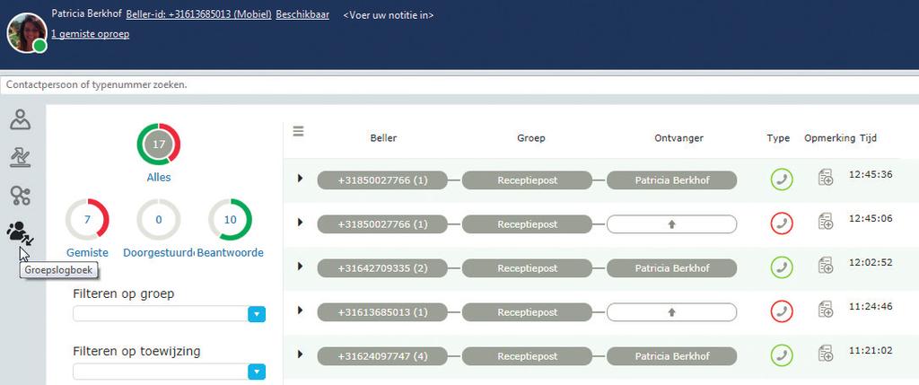 6. GROEPSLOGBOEK Het groepslogboek toont alle gemiste, doorgestuurde en beantwoorde oproepen die op het centrale nummer zijn binnengekomen. Deze worden maximaal 1 dagen getoond.