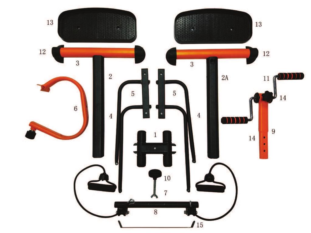 OVERZICHT VAN VOORGEMONTEERDE ONDERDELEN In de doos van de Master Gym vindt u de volgende voorgemonteerde onderdelen (zie afbeelding).