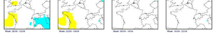 Temperatuurverwachting voor de periode van 25 augustus 2013 tot en met 3 september 2013: Deze ligt de hele periode rond de normale waarden voor deze tijd van het jaar.