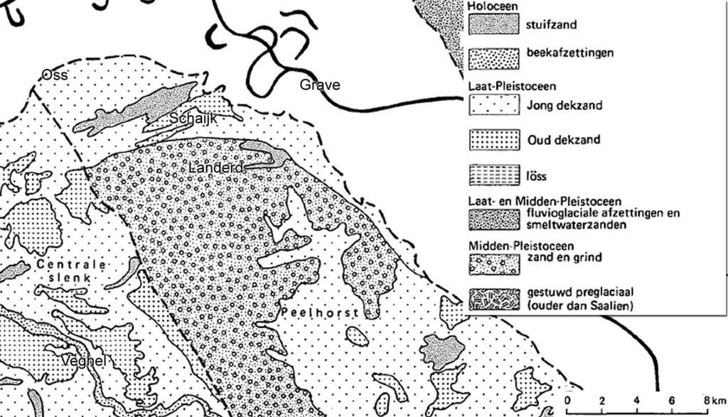 Figuur 1: Afzettingen in de top van de bodem bij Schaijk en Landerd (bron: Stichting voor Bodemkartering 1976b). Het plangebied ligt in de rode cirkel.