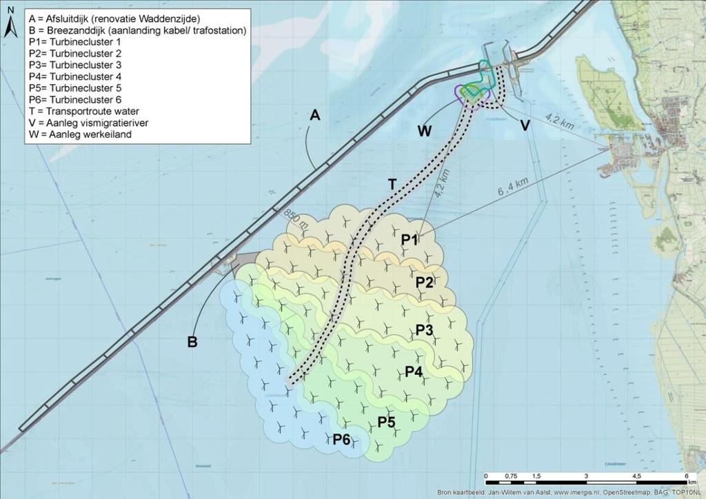 Figuur 1 visualisatie van een mogelijke ruimtelijke spreiding en indicatieve indeling in clusters van werkzaamheden aan verschillende deelgebieden (A, B, etc) van windpark Fryslân.