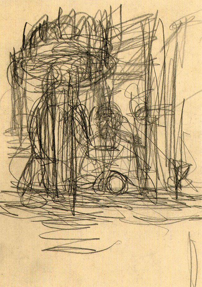 Alberto Giacometti Paris sans Fin, tussen 1955 en 1965, potlood op notitieblok, 18,1 x 12,7 cm.