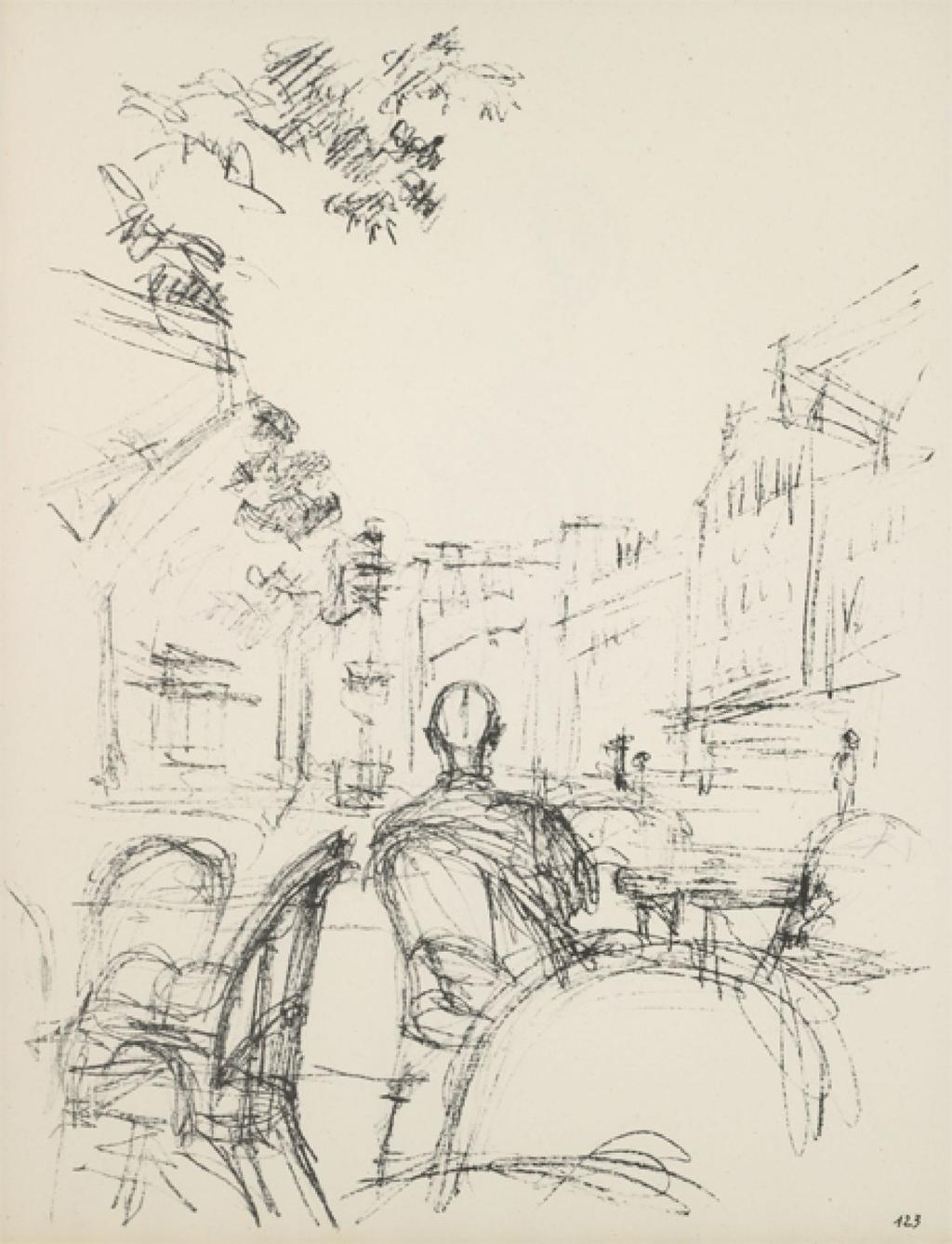 Alberto Giacometti Cafe Terasse uit: Paris sans Fin tussen 1958 en 1965, Lithograph op papier, 42,5,1 x 32,5 cm.