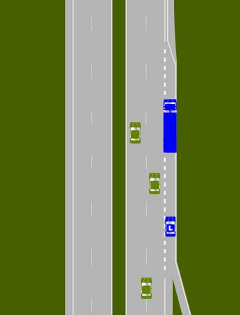 Situatie 3 - invoegen Vrachtverkeer dat vóór jou op de invoegstrook rijdt, maakt maar langzaamaan snelheid. Het gevaar bestaat dat je daardoor dicht op hem gaat rijden.