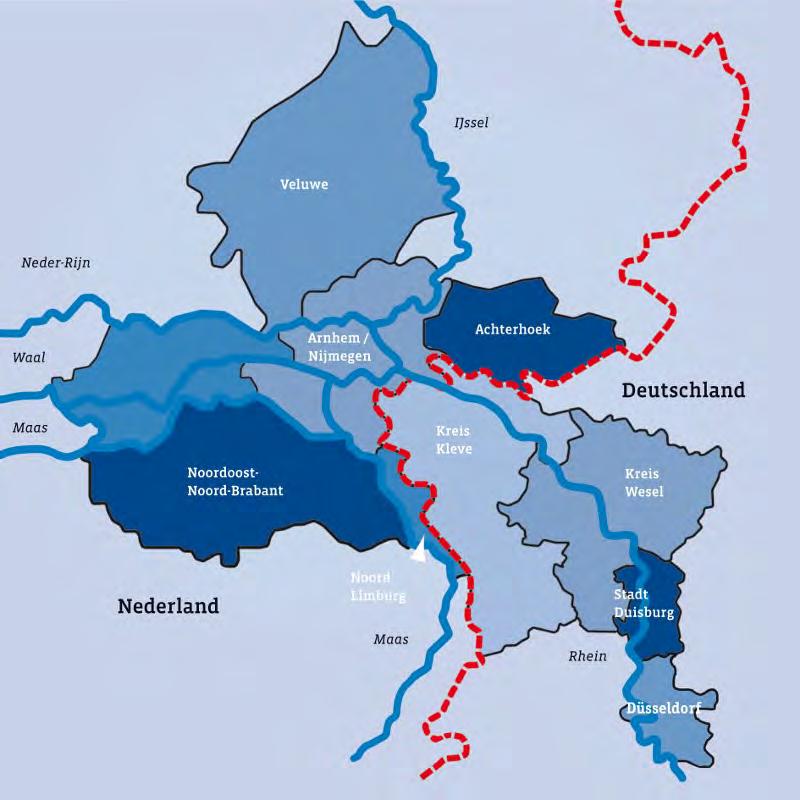 Das Arbeitsgebiet der Euregio Rhein-Waal Das Arbeitsgebiet der Euregio Rhein-Waal liegt im Grenzraum rund um die Flüsse Rhein, Waal und Maas.