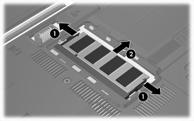 b. Pak de geheugenmodule aan de rand vast (2) en trek de module voorzichtig uit het geheugenmoduleslot.