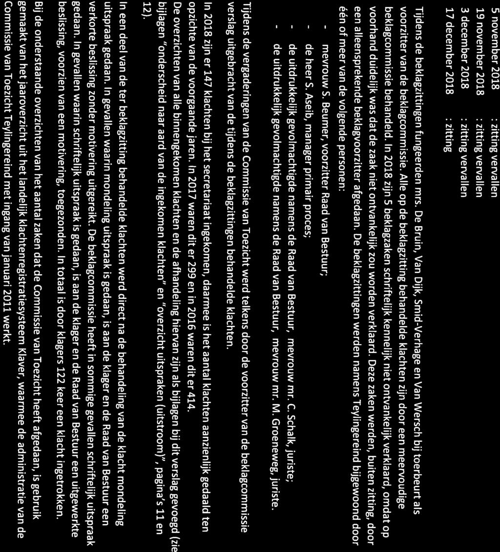 5 november 2018 : zitting vervallen 19 november 2018 : zitting vervallen 3 december 2018 : zitting vervallen 17 december 2018 : zitting Tijdens de beklagzittingen fungeerden mrs.
