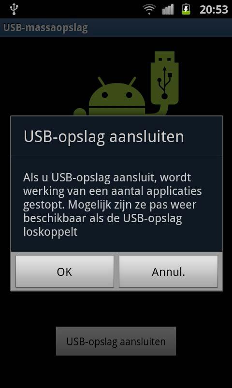 Als de verbinding is gemaakt zal er een afbeelding verschijnen met de tekst dat de USB-opslag in gebruik is.