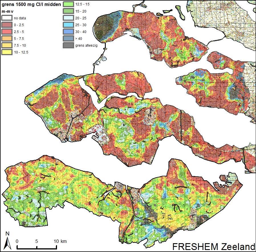 Diepte grens zoet zout grondwater Zeeland: 1800 km 2 Gegevens voor iedereen beschikbaar: Waarvan zonder zoet grondwater: 750 km
