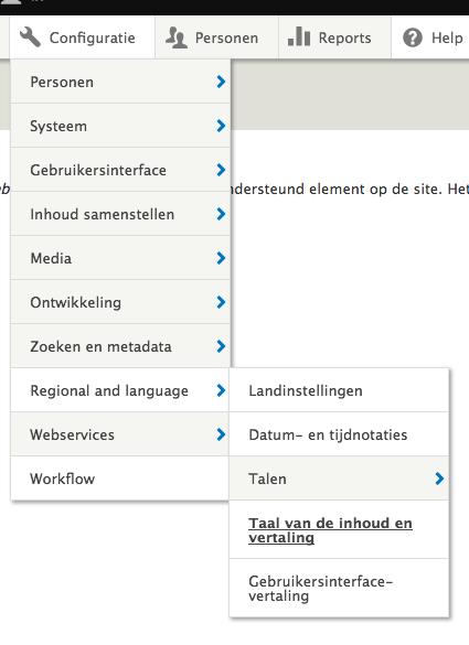 2. Open via de instellingen, de configuratie van deze module 3. Vink Inhoud aan en vervolgens het inhoudstype Artikel. Bekijk de lijst eens. Alles dat je aanvinkt kan je gaan vertalen.