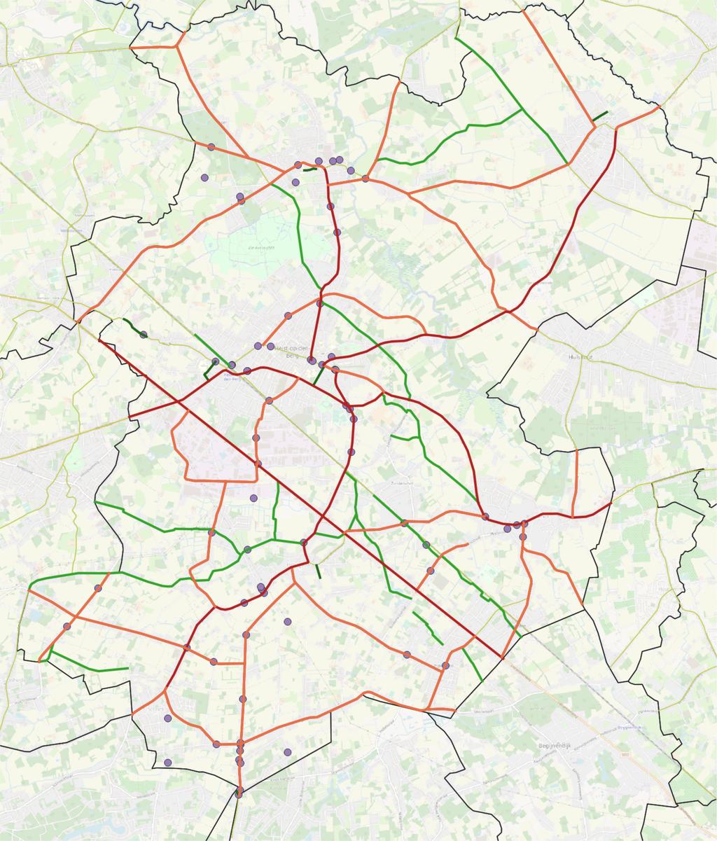 (deze kaart is ook digitaal verkrijgbaar) groen fietsstraten (donker bestaande, licht gesuggereerde) oranjerood