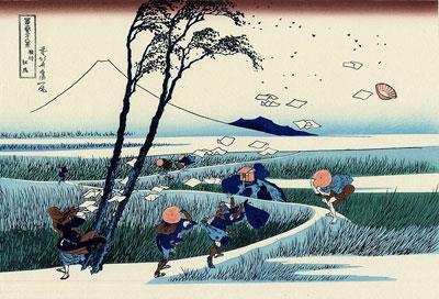 Katsushika Hokusai, A sudden gust of wind, 1831-1833 De oorspronkelijke prent van Hokusai is een houtsnede met een abstracte prenttextuur van een kunstenaar die ook een beroemde houtsnede maakte van