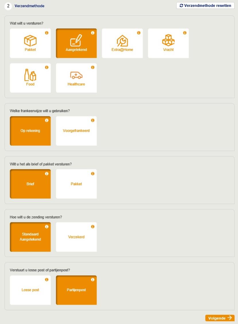 Kies je verzendmethode Selecteer de optie Aangetekend en een frankeerwijze. Kies je voor Voorgefrankeerd? Dan moet je de zending frankeren met een (digitale) postzegel of frankeermachine.