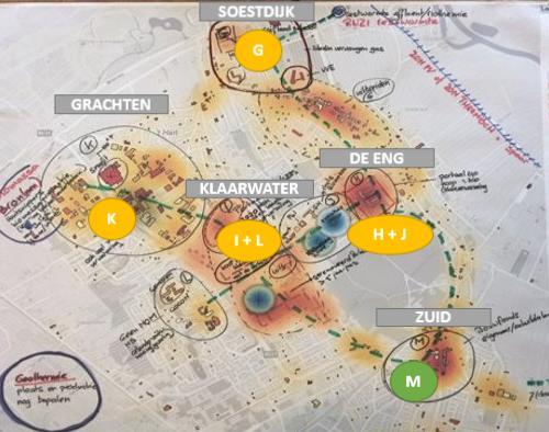 Grand Design Soest en Soesterberg en speerpuntprojecten: Soest Ontwikkeling in deelprojecten G = Soestdijk I,L = Klaarwater K = Grachten H,J = De Eng M = Zuid (Geel is fase 1,