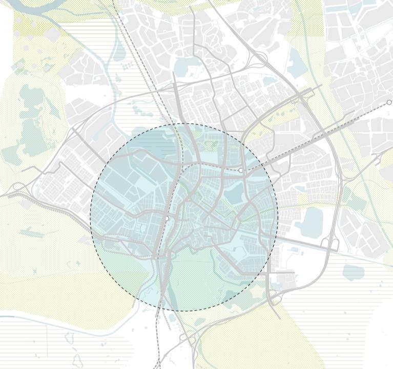 De studie stelt voor om onderscheid te maken in twee gebieden: (a) de centrumzone van s-hertogenbosch bestaande uit de binnenstad, Spoorzone en de wijken eromheen met een cirkel van circa vier