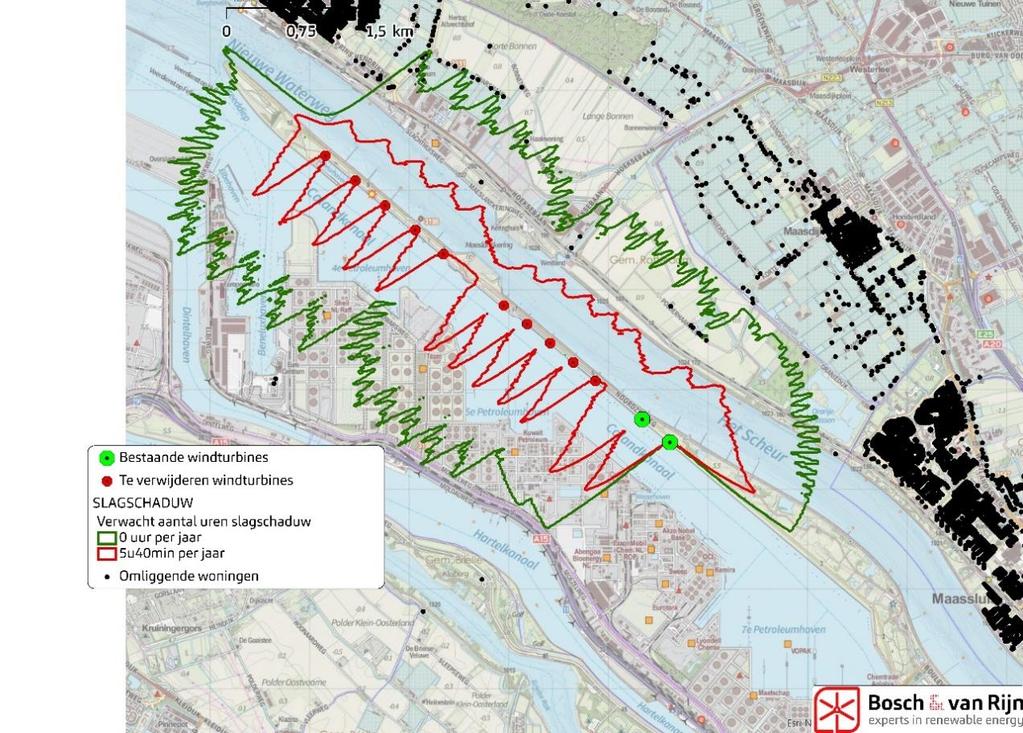 12 maal de rotordiameter bedraagt en gemiddeld meer dan 17 dagen per jaar gedurende meer dan 20 minuten per dag (17 x 20 minuten = 5:40-uur-contour) slagschaduw kan optreden.