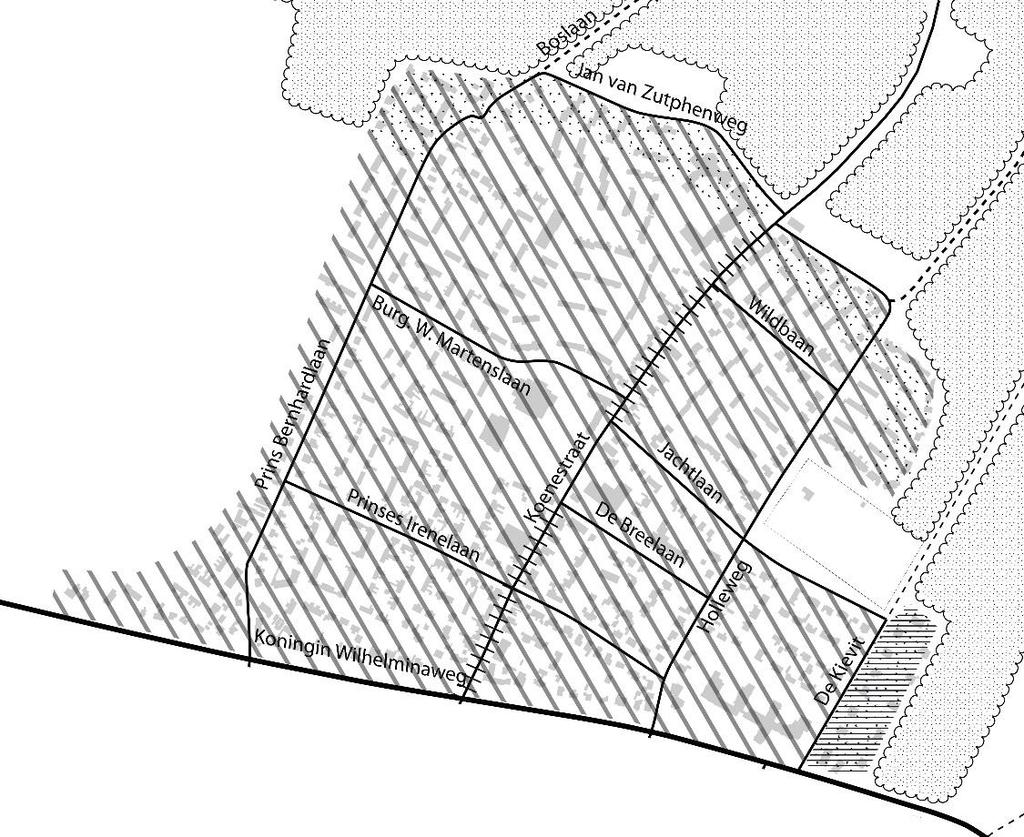 Jachtlaan en Burg. W. Martenslaan zijn van latere datum en hebben een eigen verkavelingsopzet met rijtjeswoningen aan straten, pleintjes, hoven, erven en paden.