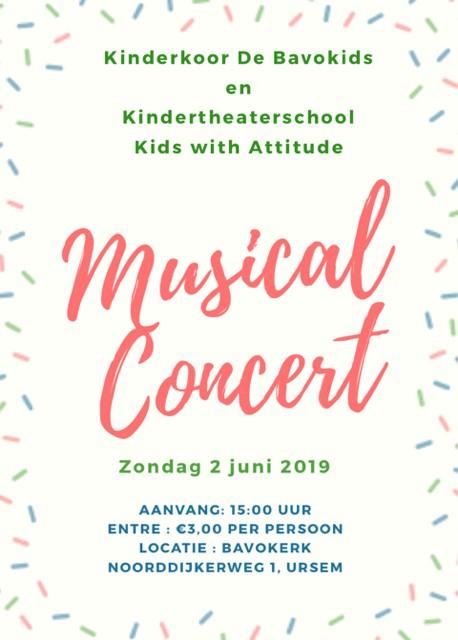 Musical Concert Op zondag 2 juni organiseert kinderkoor de Bavokids samen met kindertheaterschool Kids With Attitude uit Heerhugowaard, een Musical Concert in de Bavokerk.