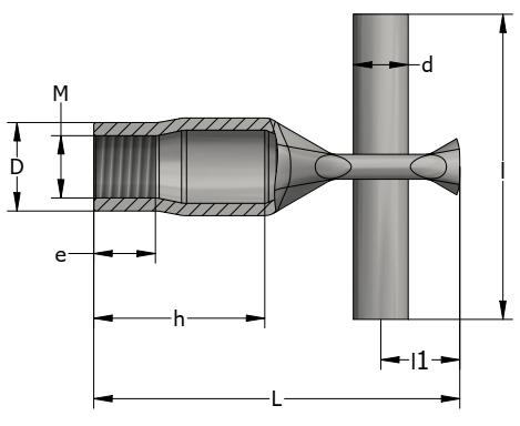 Gebruik deze elementen niet voor hijsen BSRS-EV Schroef draad L D l 1 e h Dwarspen d l Axiale last last 30 45 90 M [mm] [mm] [mm] [mm] [mm] [mm] [mm] [kn] [kn] [kn] [kn] BSRS M8x50-EV 46120 8 50 11 7