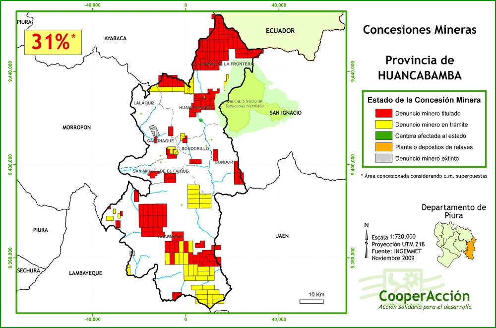 Figuur 2: Toegekende concessiegebieden voor mijnbouw in de provincie Huancabamba (Bron: CooperAcción) De provincie Huancabamba ligt in de cordillera in het departement Piura, met als hoofdstad Piura.