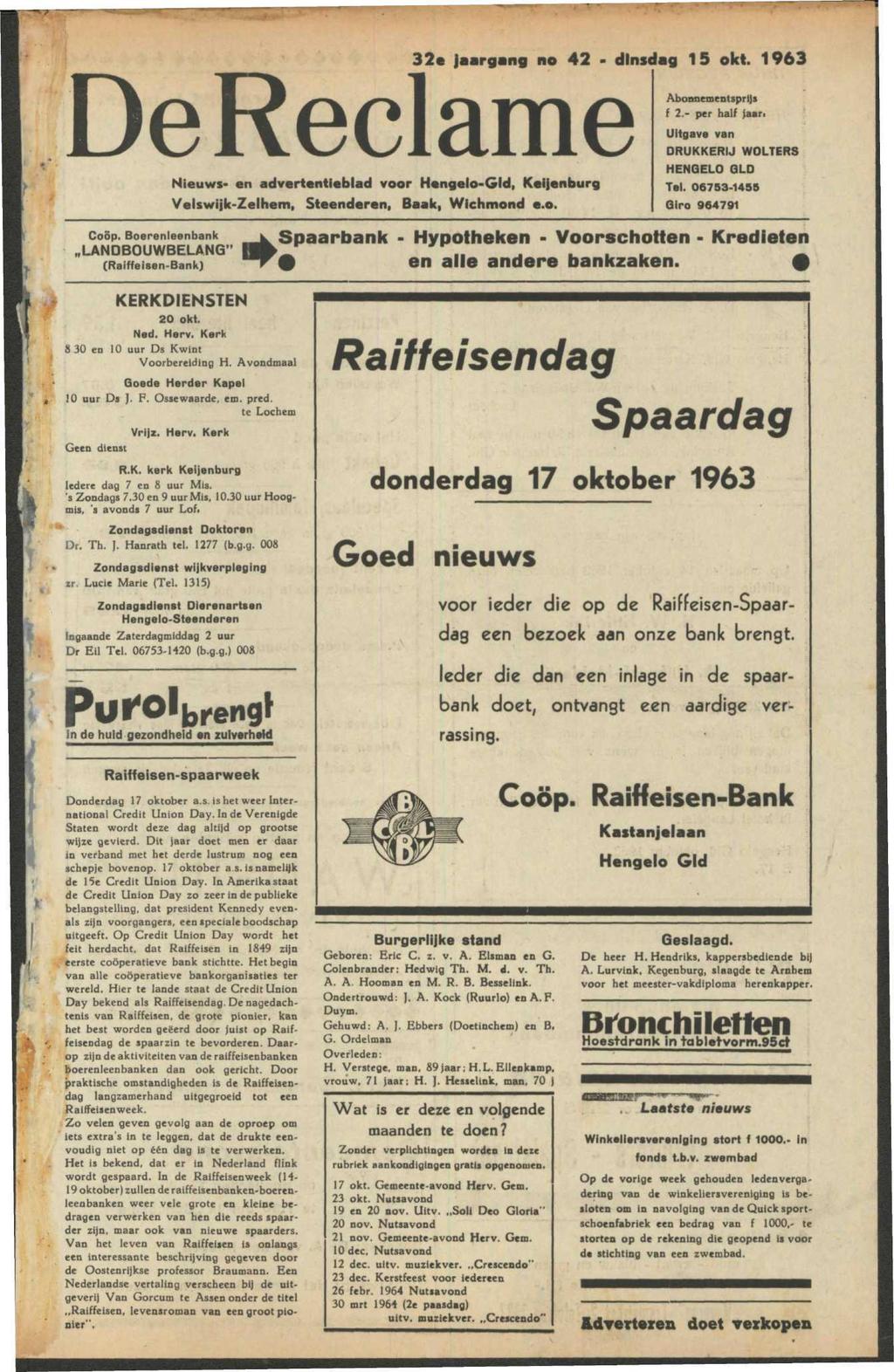 De Reclame Nieuws- en advertentieblad voor Hengelo-Gld, Keijenburg Velswijk-Zelhem, Steenderen, Baak, Wichmond e.o. Coöp.