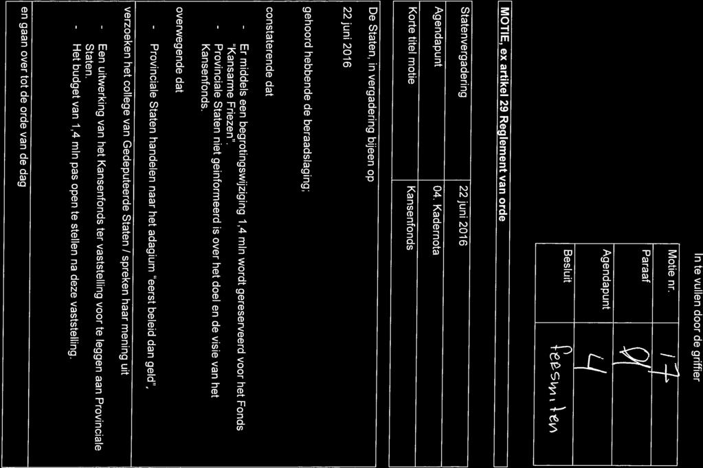 Besluit Motie nr. / :IL en gaan over tot de orde van de dag - Het budget van 1,4 mln pas open te stellen na deze vaststelling. Staten.