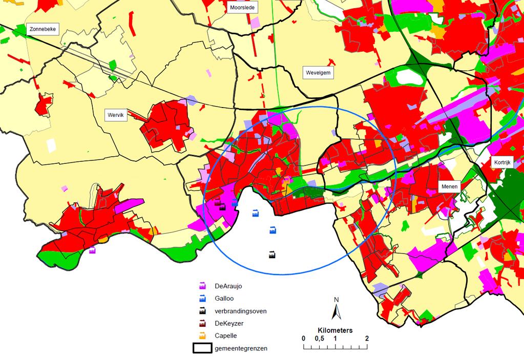 HOOFDSTUK 2 Gebiedsafbakening Figuur 7: Inkleuring volgens het gewestplan: rood = woonzone, geel = landbouwgebied, paars = industriezone,