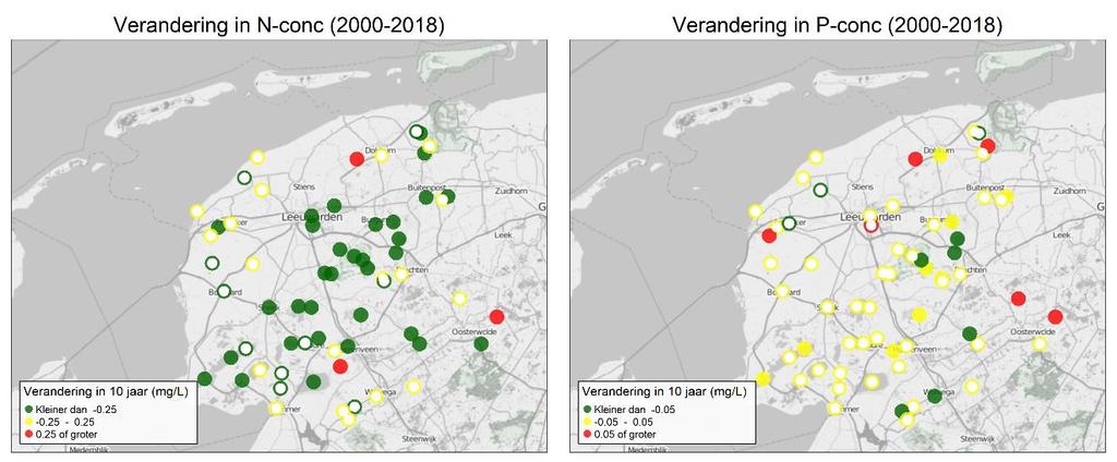 12 Figuur 3.2. Gemiddelde verandering in N-totaal en P-totaal over een periode van 10 jaar voor meetpunten 0890 en 0105 (in grijs de meetgegevens en in rood de afgeleide LOWESS-trendlijn).