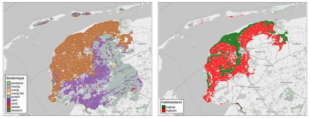 28 Figuur 4.2. Bodemtype (links) en kalktoestand (bij kleigronden; rechts) in het beheergebied. De jongere zeekleibodems zijn nog kalkrijk.