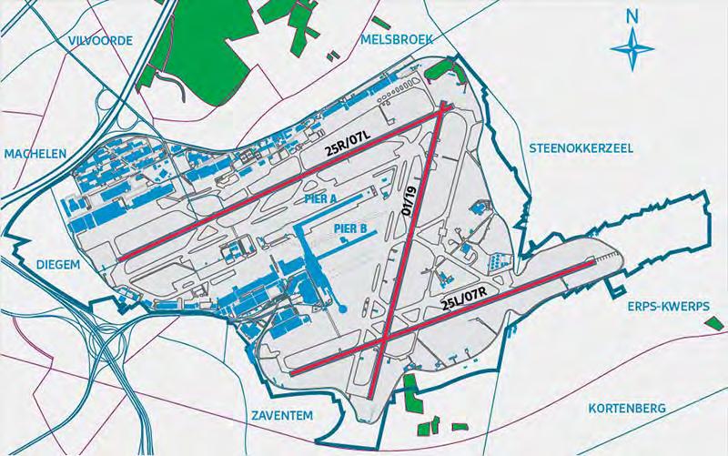 3.1 Het banenstelsel Baan 25 R - Rechts ( georiënteerd 244 in de richting van Brussel ) of in tegenovergestelde richting, 07 L Links ( georiënteerd naar 064 richting Leuven ) ; 3.