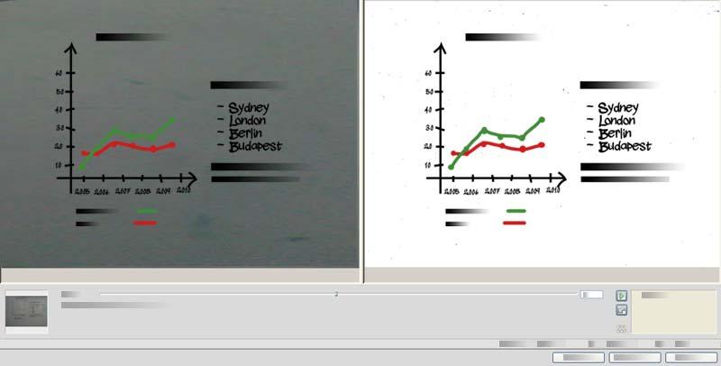 Met de schuifregelaar van de functie Whiteboardfoto verbeteren wordt het contrast van het beeld verbeterd. Links staat het beginbeeld, rechts het resultaat.
