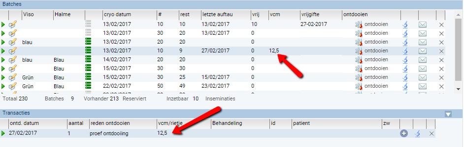 Bij het matchen is het van belang dat bekend is hoeveel rietjes van een bepaalde donor nodig zijn. Dit hangt af van de kwaliteit van de batch. Afbeelding 21: VCM informatie.