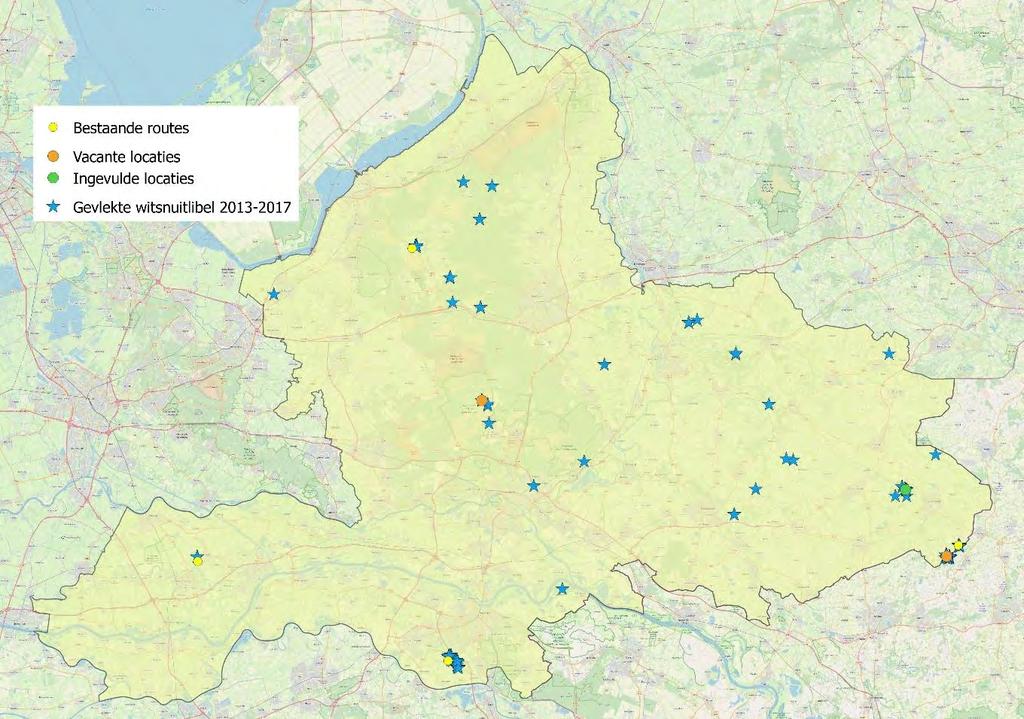 Alleen in de buurt van Nijkerk is een locatie die niet geteld wordt. Populatiekaart gevlekte witsnuitlibel.