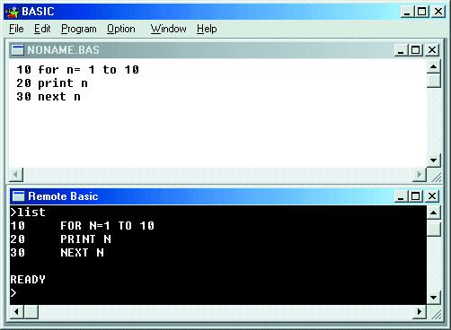 Figuur 2. Het gebruikte terminal-programma. ste programma produceert een oplopende reeks getallen in het terminalvenster. Commando s zoals LIST, RUN of NEW kunnen direct als tekst ingegeven worden.