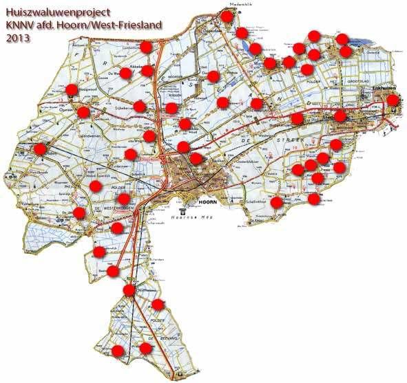 Kaart met Huiszwaluw-nesten De gegevens van dit jaar zijn wederom aan de Sovon doorgegeven ten behoeve van het landelijke kolonievogelonderzoek.