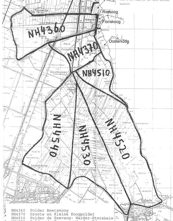 Het Zeevanggebied is verdeeld in 8 deelgebieden: Oosterkoog / Floriskoog, Rietkoog, Groote en Kleine Koogpolder, Zeevang Noord, Zeevang Oost, Zeevang Midden, Zeevang West, Beetskoogpolder.