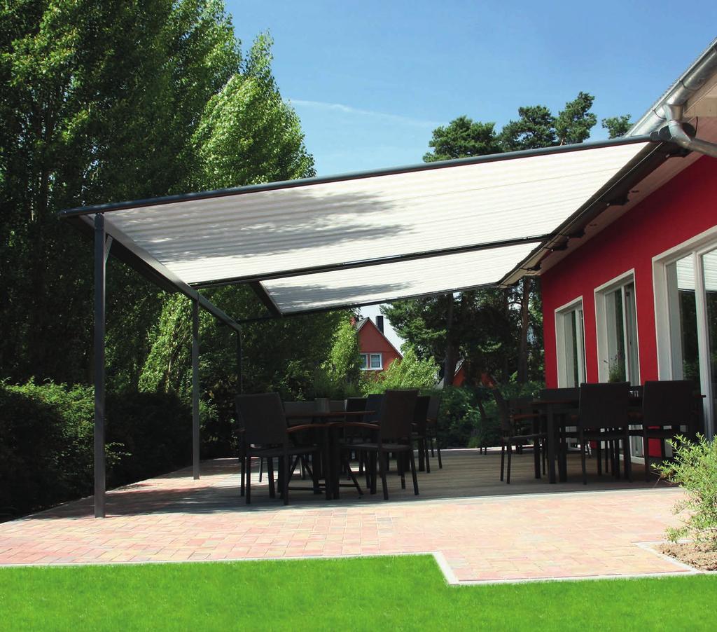 MODERN DESIGN MET VELE MOGELIJKHEDEN De pergola-zonwering kan voor kleine en zeer grote oppervlakken worden gebruikt: kleine balkons, dakterrassen, tuinterrassen of ook voor horecagebruik.