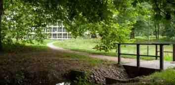 Een granieten tegel met opschrift van Marion Bloem Bruggetje in het park met zicht op Regina Pacis De tulpenboom In het gedeelte net