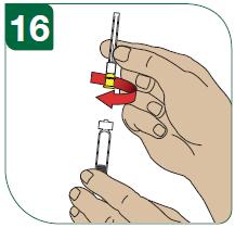 16 - Neem de naald uit de verpakking en schroef hem stevig op de punt van de spuit. 17 - Laat de beschermhuls van de naald zitten.