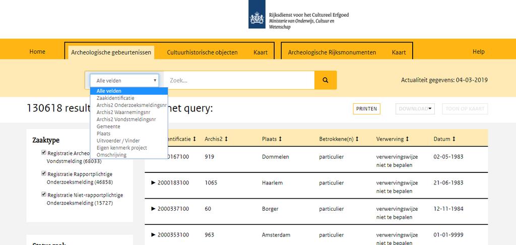 Deel 5: De tabbladen Archeologische gebeurtenissen, Cultuurhistorische objecten en Kaart.