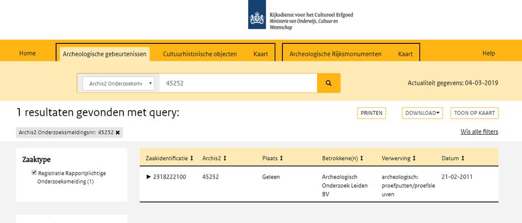 In dit voorbeeld is gezocht op een bekend Archis 2 Onderzoeksmeldingsnummer nl. 45252. Dit zoekresultaat wordt nu beknopt getoond in één regel. Hier is nu o.a. te zien dat het een onderzoek van Archol uit 2011 in Geleen betreft.