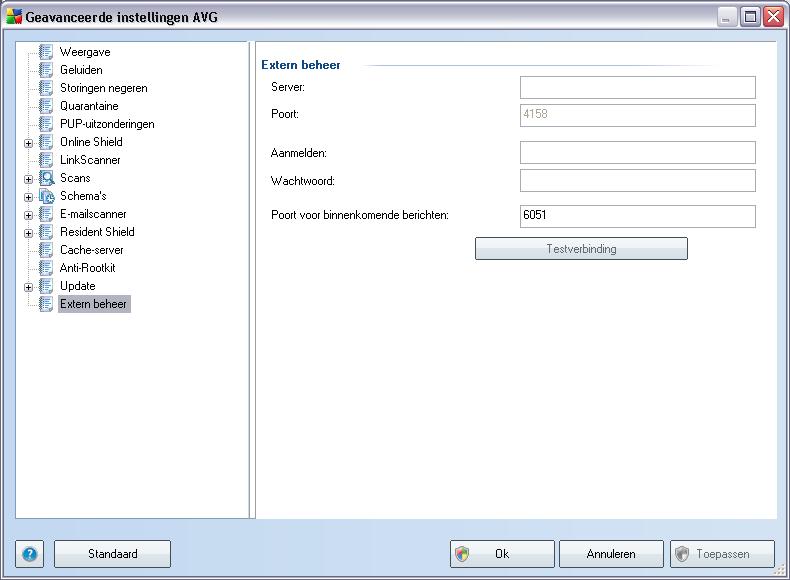10.15. Extern beheer De instellingen voor Extern beheer hebben betrekking op de verbinding tussen het AVG clientstation en het systeem voor extern beheer.